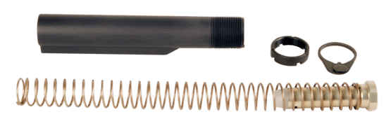 This LBE AR-15 Milspec Buffer Tube Kit includes a castle nut, a lock plate, a recoil buffer, and a carbine length recoil spring.